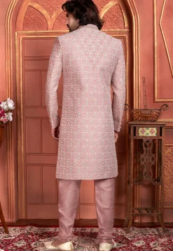 Hand Embroidered Art Silk Sherwani in Pink