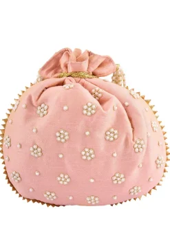 Hand Embroidered Art Silk Potli Bag in Peach