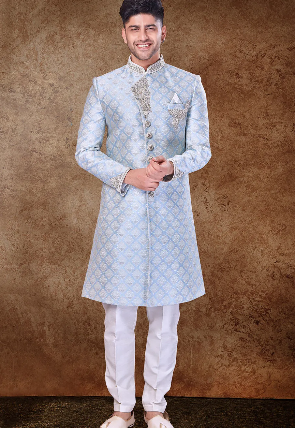 Hand Embroidered Art Silk Jacquard Sherwani in Sky Blue