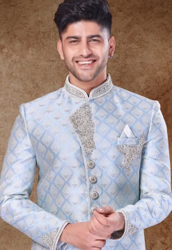 Hand Embroidered Art Silk Jacquard Sherwani in Sky Blue