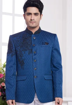 Hand Embroidered Art Silk Jacquard Jodhpuri Jacket  in Blue