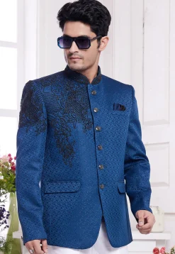Hand Embroidered Art Silk Jacquard Jodhpuri Jacket  in Blue