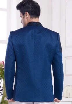 Hand Embroidered Art Silk Jacquard Jodhpuri Jacket  in Blue