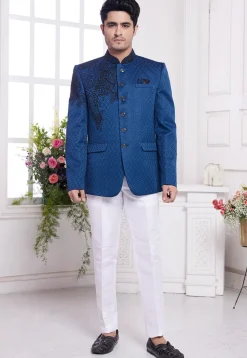 Hand Embroidered Art Silk Jacquard Jodhpuri Jacket  in Blue