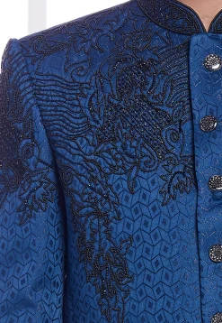 Hand Embroidered Art Silk Jacquard Jodhpuri Jacket  in Blue