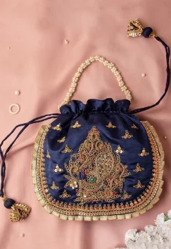 Hand Embroidered Art Silk Potli Bag in Navy Blue