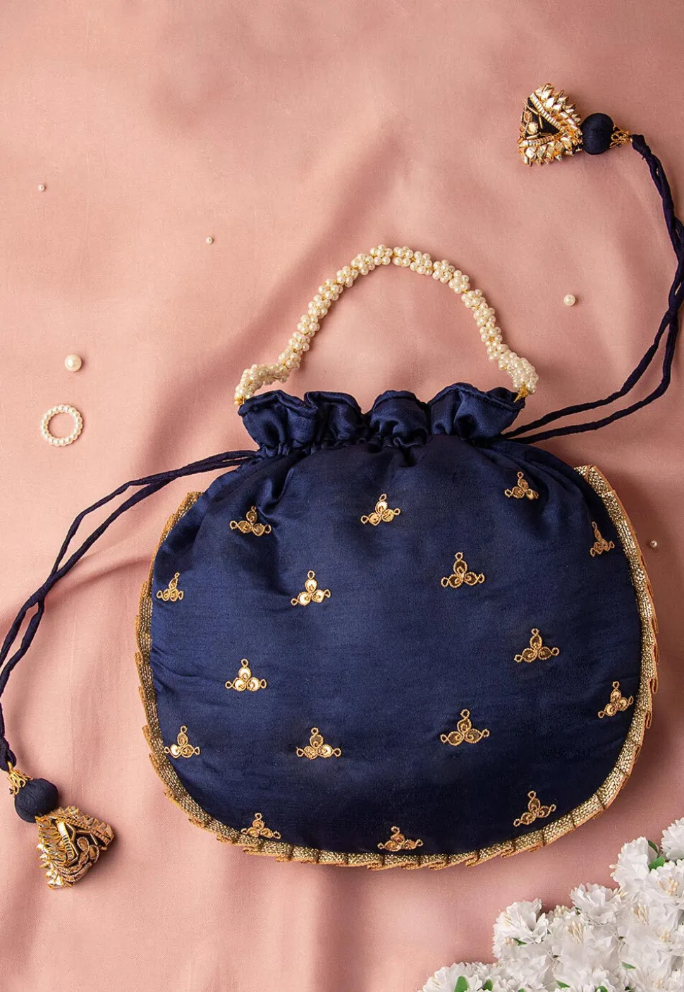 Hand Embroidered Art Silk Potli Bag in Navy Blue