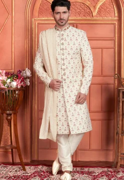 Hand Embroidered Art Silk Sherwani in Cream