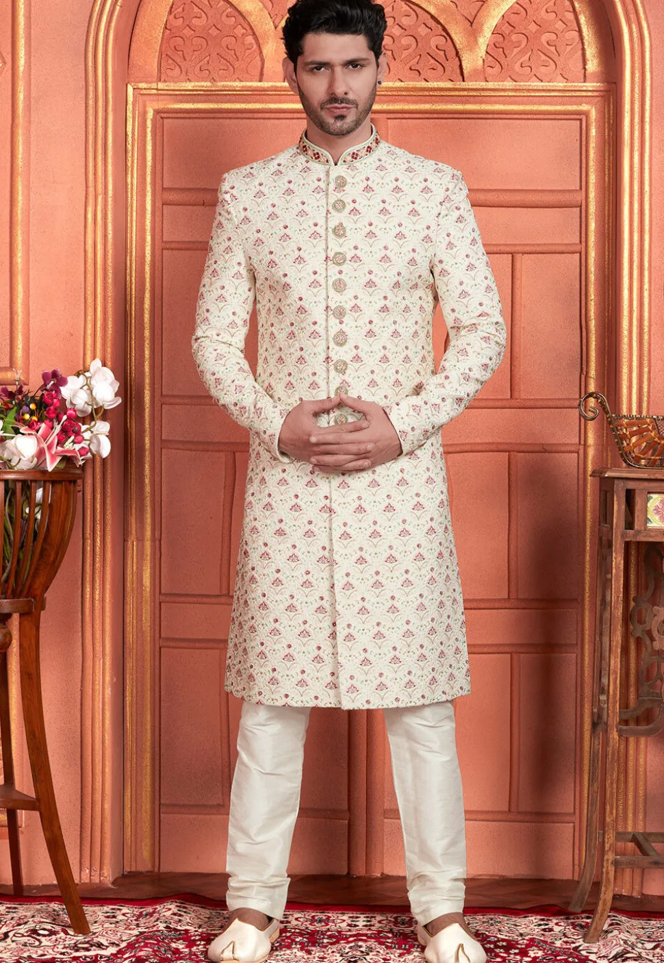 Hand Embroidered Art Silk Sherwani in Cream