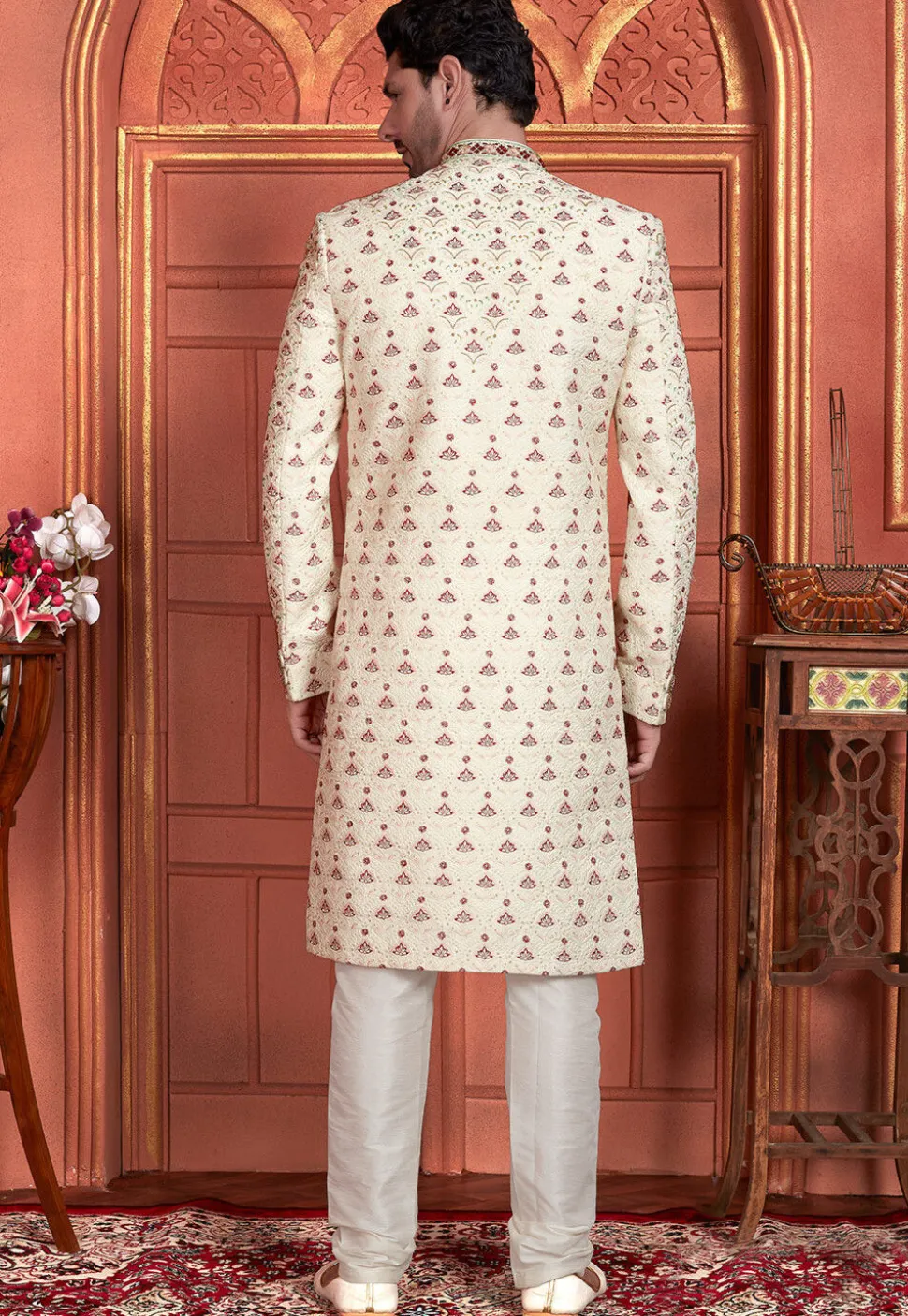 Hand Embroidered Art Silk Sherwani in Cream