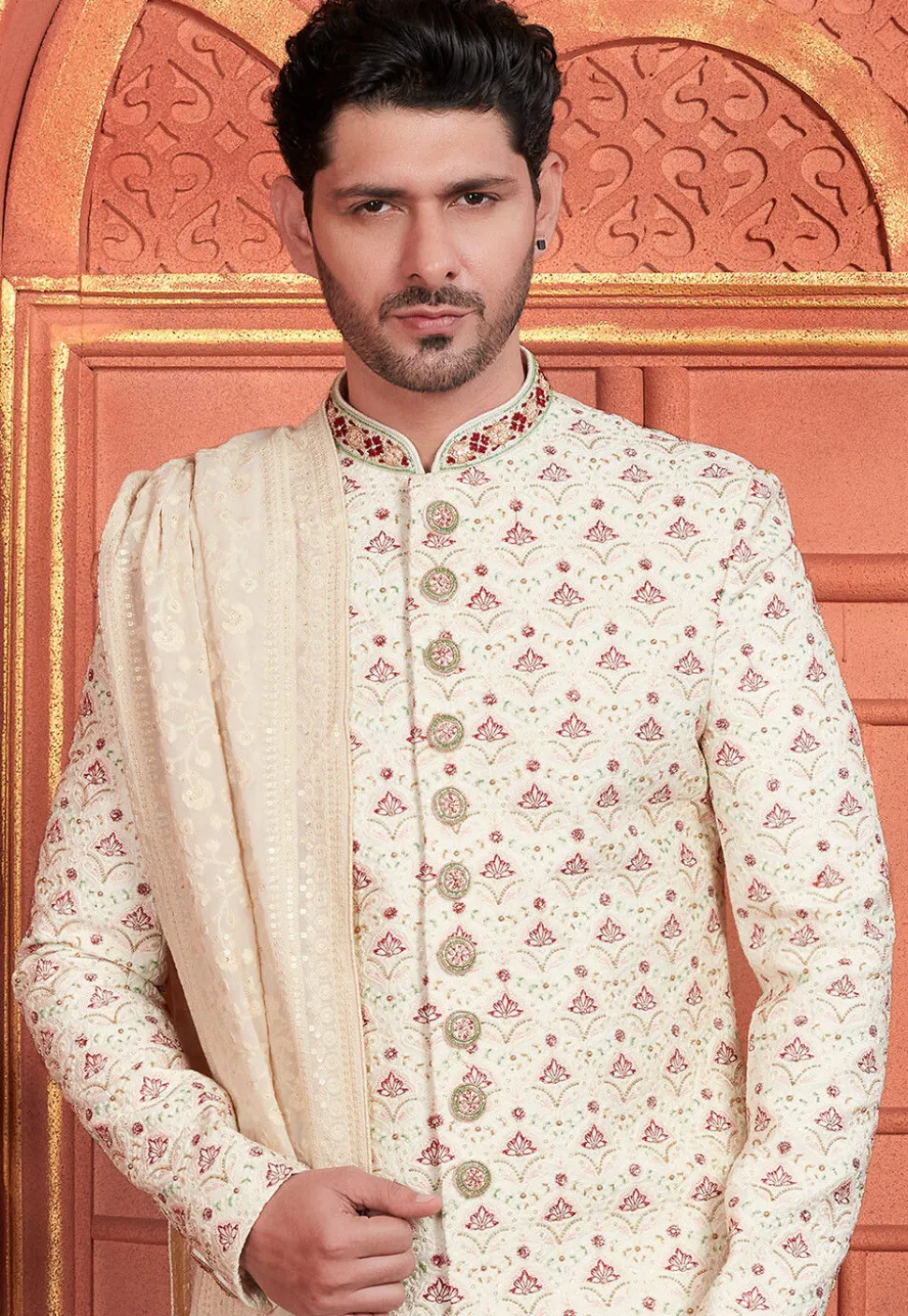 Hand Embroidered Art Silk Sherwani in Cream