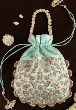 Hand Embroidered Art Silk Potli Bag in Sea Green