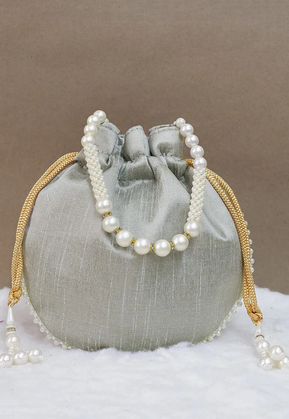 Hand Embroidered Art Silk Potli Bag in Grey