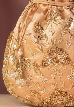 Hand Embroidered Art Silk Potli Bag in Rose Gold