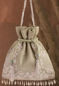Hand Embroidered Art Silk Potli Bag in Pastel Green