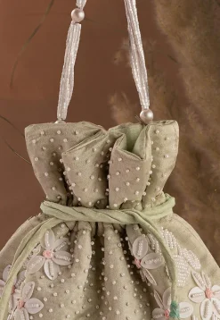 Hand Embroidered Art Silk Potli Bag in Pastel Green