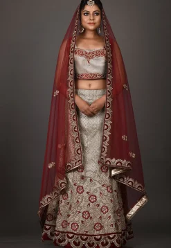 Hand Embroidered Art Silk Shimmer Lehenga in Beige