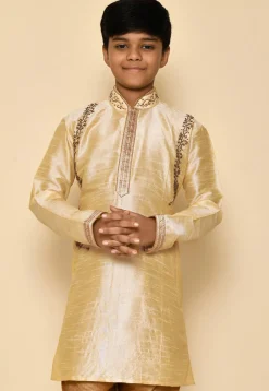 Hand Embroidered Art Silk Kurta Set in Light Beige