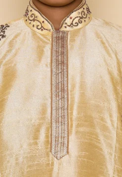 Hand Embroidered Art Silk Kurta Set in Light Beige
