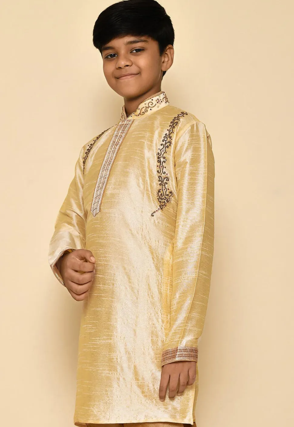 Hand Embroidered Art Silk Kurta Set in Light Beige