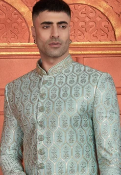 Hand Embroidered Art Silk Sherwani in Dusty Blue