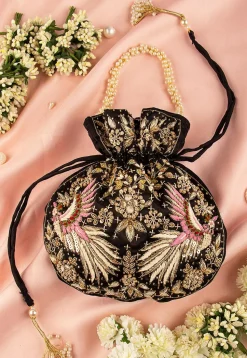 Hand Embroidered Art Silk Potli Bag in Black
