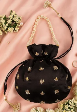 Hand Embroidered Art Silk Potli Bag in Black