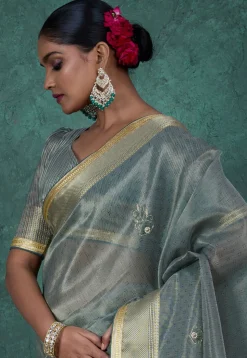 Hand Embroidered Art Silk Saree in Dusty Blue