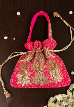 Hand Embroidered Art Silk Potli Bag in Fuchsia
