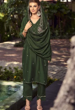 Hand Embroidered Art Silk Pakistani Suit in Olive Green