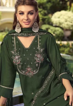 Hand Embroidered Art Silk Pakistani Suit in Olive Green