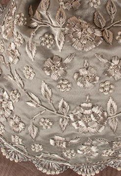 Hand Embroidered Art Silk Potli Bag in Silver