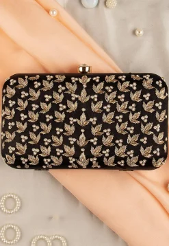 Hand Embroidered Art Silk Clutch Bag in Black