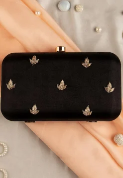 Hand Embroidered Art Silk Clutch Bag in Black