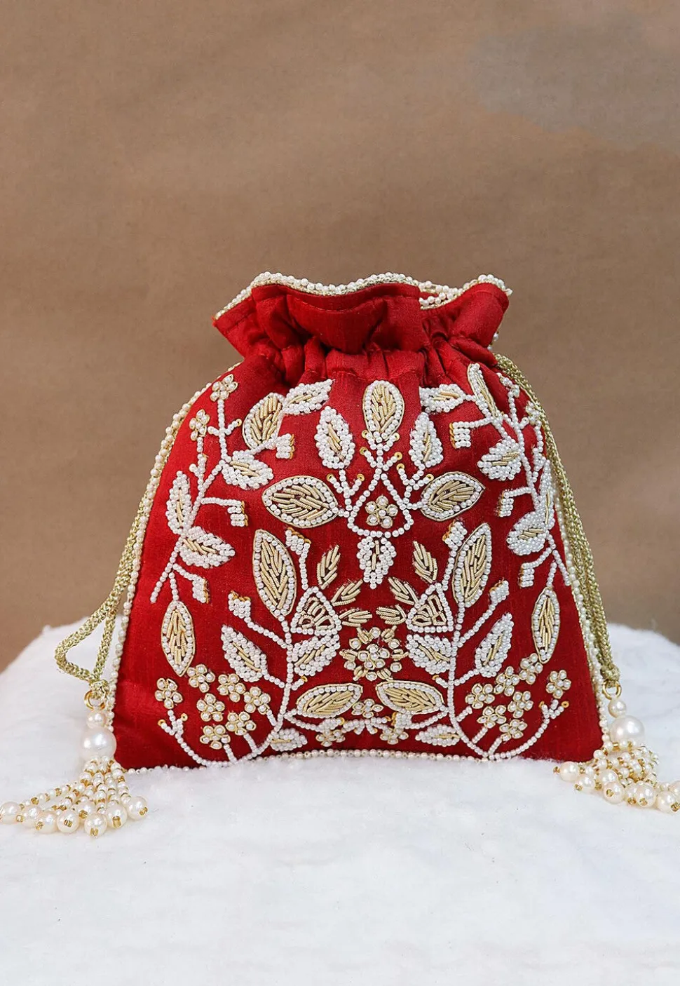 Hand Embroidered Art Silk Potli Bag in Maroon