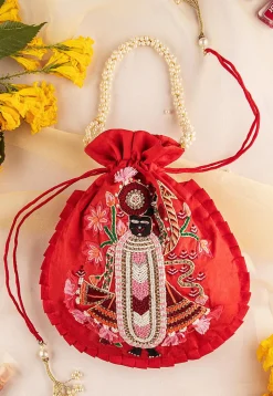 Hand Embroidered Art Silk Potli Bag in Red