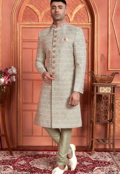 Hand Embroidered Art Silk Sherwani in Dusty Green