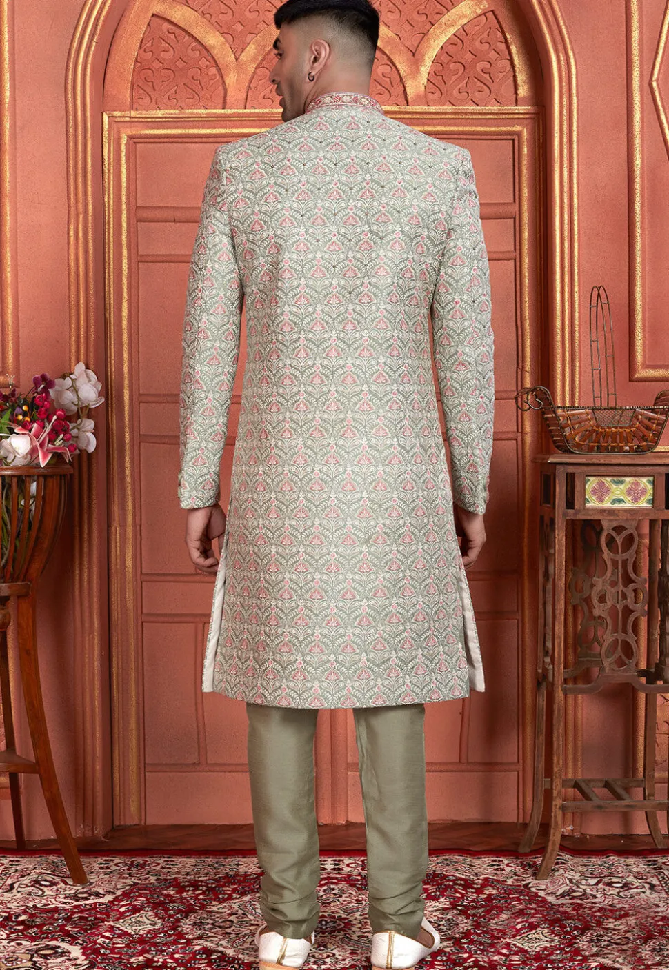 Hand Embroidered Art Silk Sherwani in Dusty Green