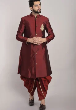 Hand Embroidered Art Silk Sherwani in Maroon