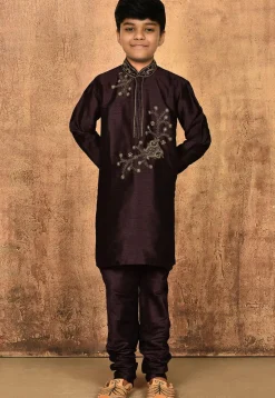 Hand Embroidered Art Silk Kurta Set in Wine