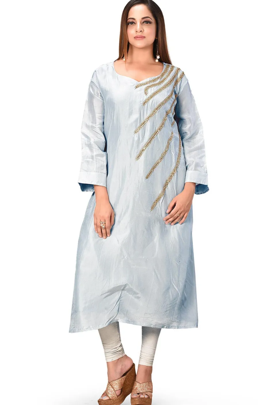 Hand Embroidered Art Silk Straight Kurta in Sky Blue