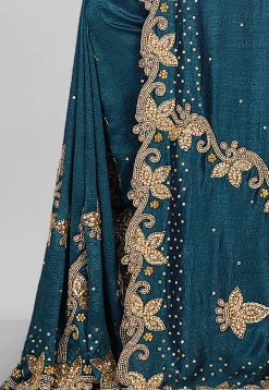 Hand Embroidered Art Silk Saree in Dark Teal Blue