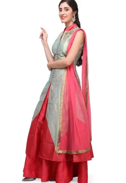 Hand Embroidered Art Silk Lehenga in Fawn