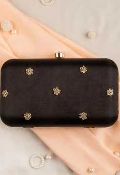 Hand Embroidered Art Silk Clutch Bag in Black