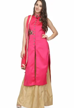 Hand Embroidered Art Silk Lehenga in Fuchsia