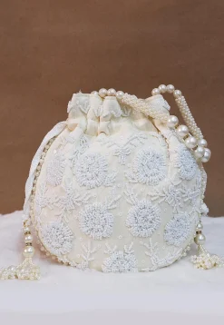 Hand Embroidered Art Silk Potli Bag in Off White