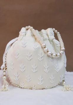Hand Embroidered Art Silk Potli Bag in Off White