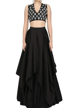 Hand Embroidered Art Silk Lehenga in Black