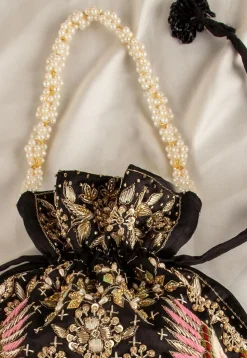 Hand Embroidered Art Silk Potli Bag in Black