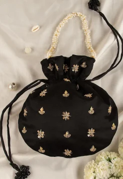 Hand Embroidered Art Silk Potli Bag in Black
